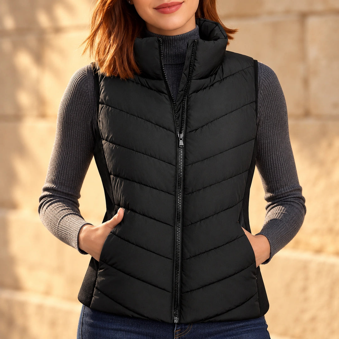 Mallory Channel Quilted Stand Collar Puffer Vest - Black