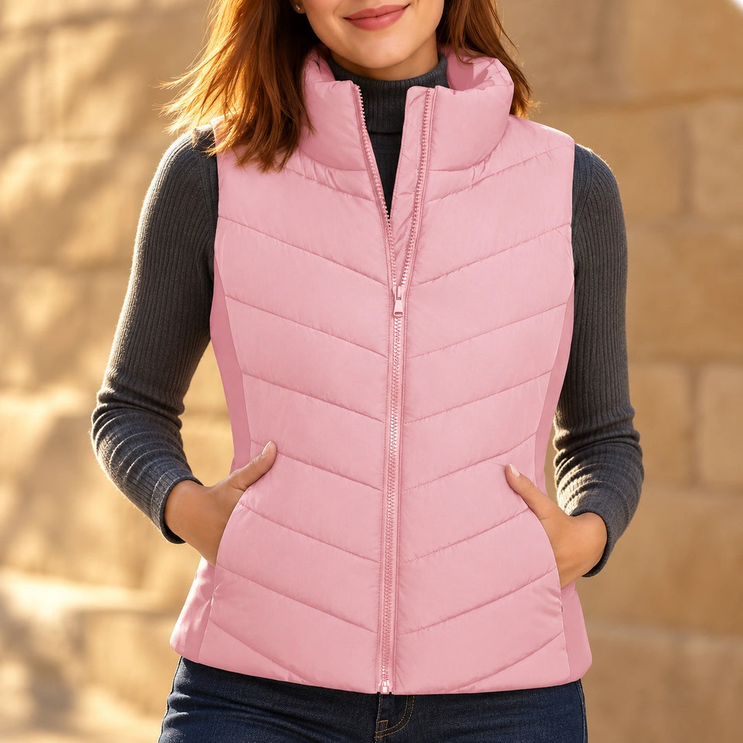 Mallory Channel Quilted Stand Collar Puffer Vest - Pink