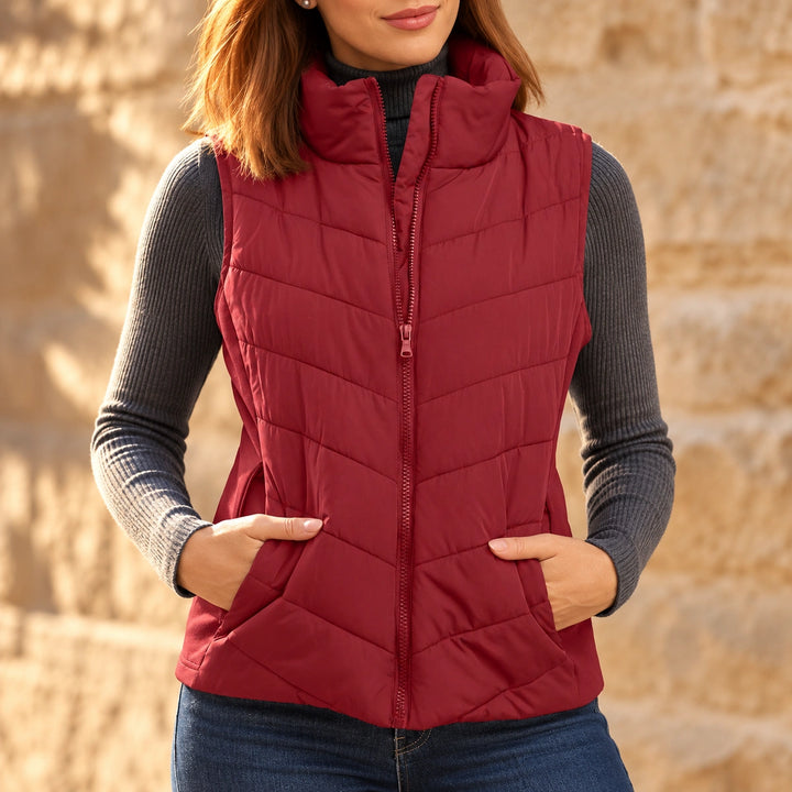 Mallory Channel Quilted Stand Collar Puffer Vest - Red