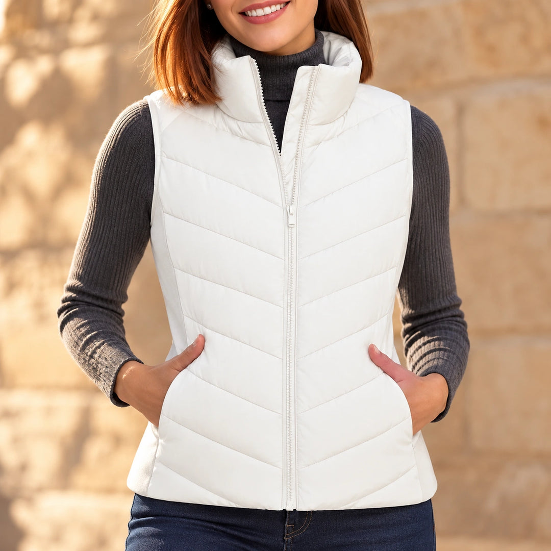 Mallory Channel Quilted Stand Collar Puffer Vest - White