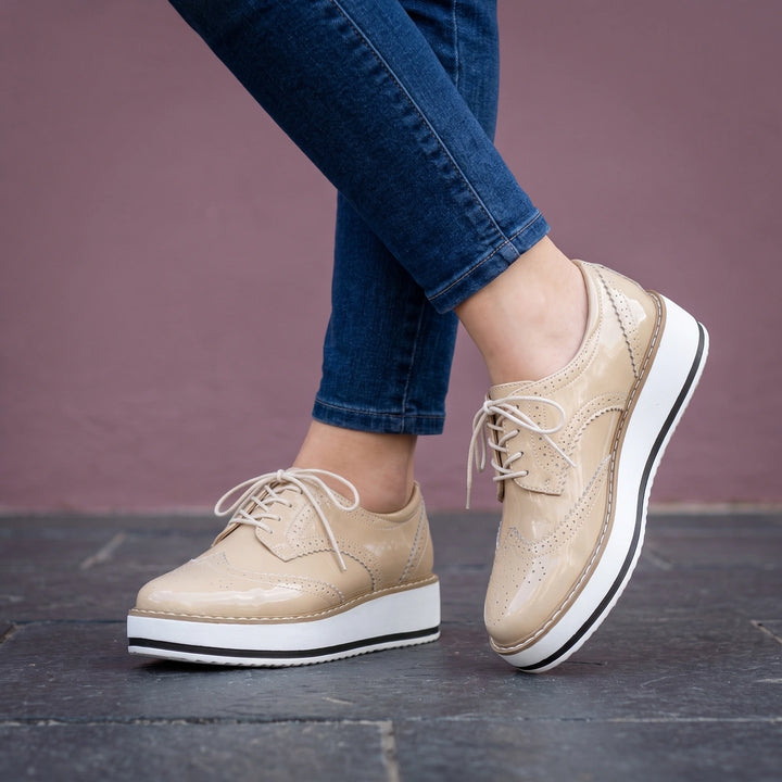 Marcelline Patent Wingtip Brogue Flatform Oxfords - Beige
