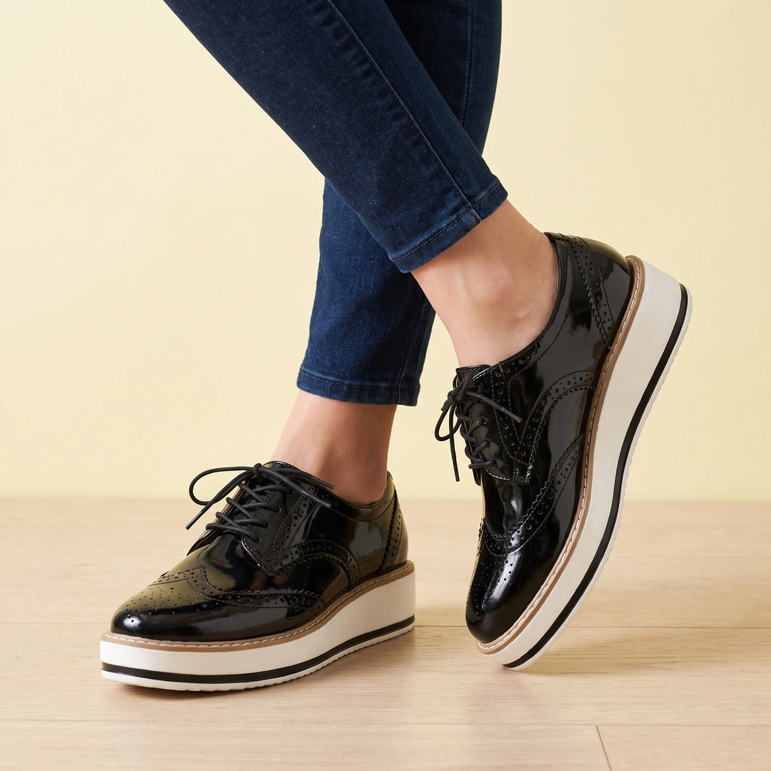 Marcelline Patent Wingtip Brogue Flatform Oxfords - Black