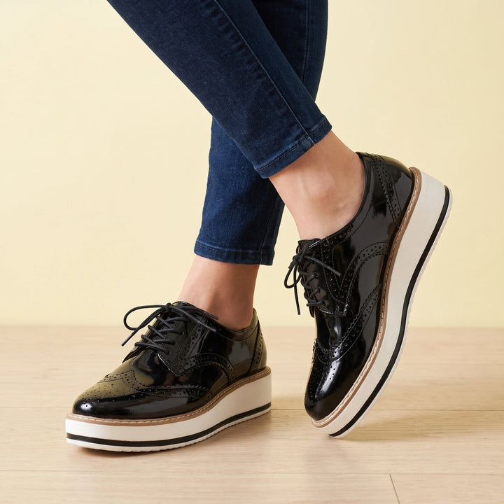 Marcelline Patent Wingtip Brogue Flatform Oxfords - Black