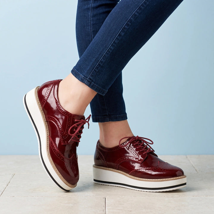 Marcelline Patent Wingtip Brogue Flatform Oxfords - Red
