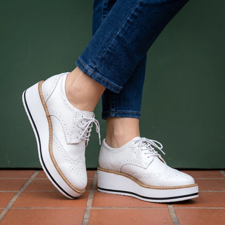 Marcelline Patent Wingtip Brogue Flatform Oxfords - White