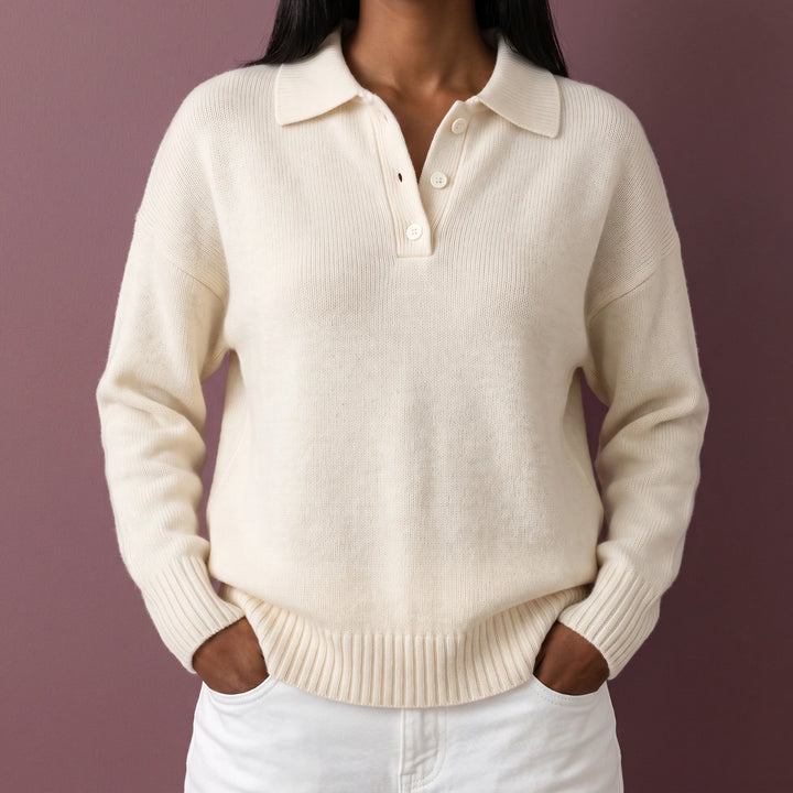 Maria Relaxed Knit Polo Collar Sweater - Beige