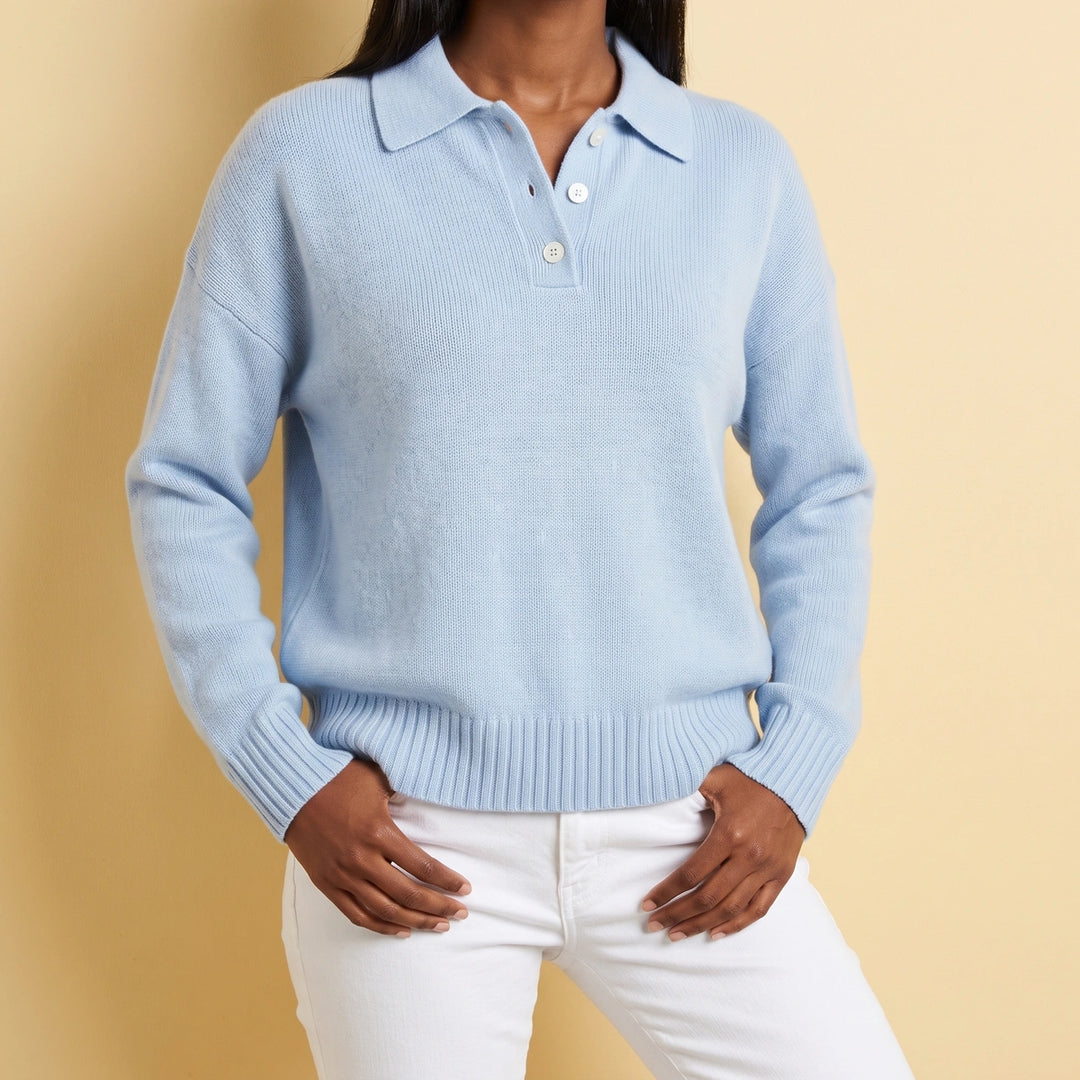 Maria Relaxed Knit Polo Collar Sweater - Blue