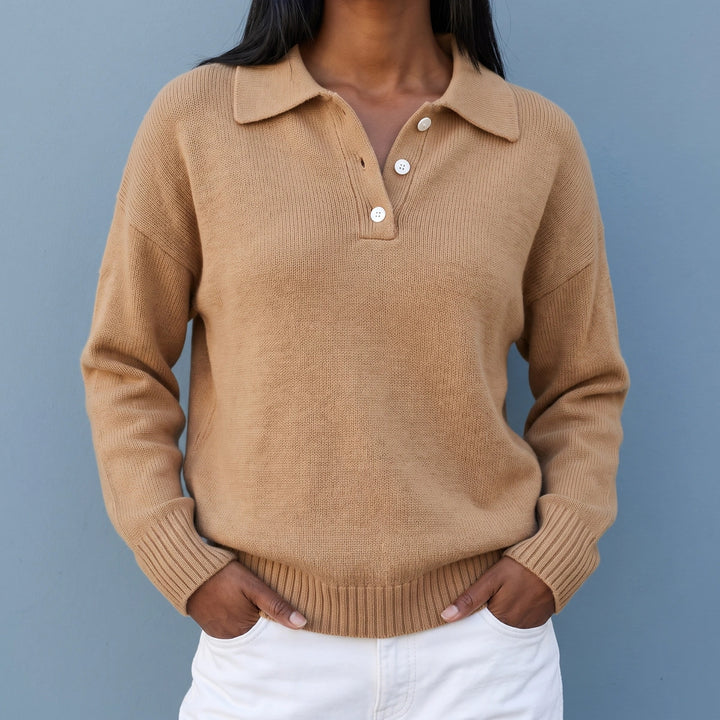 Maria Relaxed Knit Polo Collar Sweater - Camel