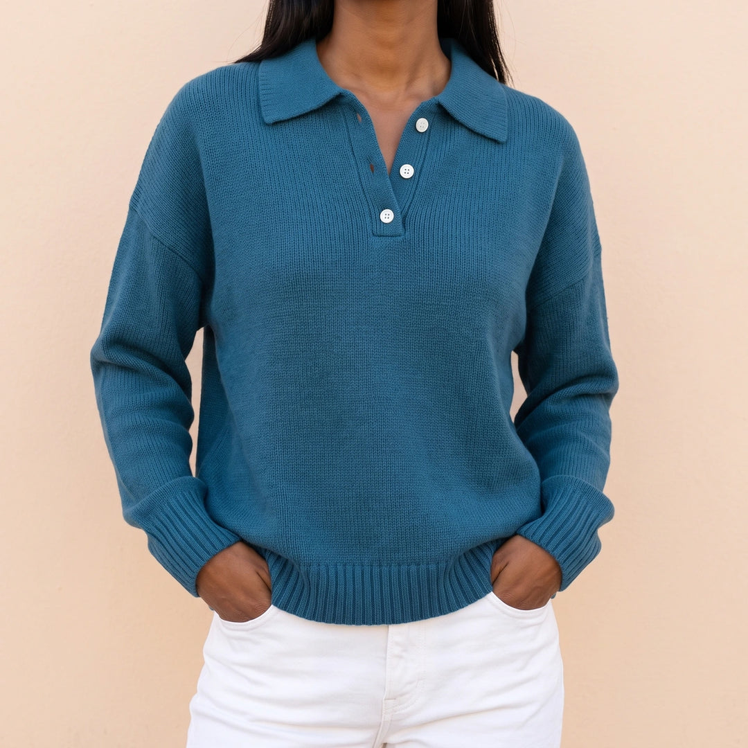 Maria Relaxed Knit Polo Collar Sweater - Dark Blue