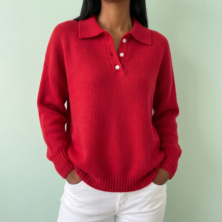 Maria Relaxed Knit Polo Collar Sweater - Red