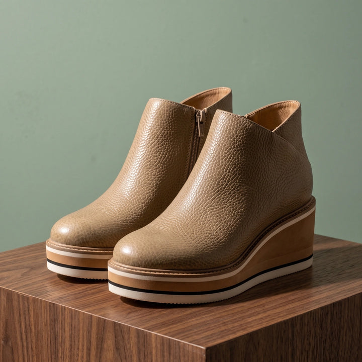 Mariette Pebbled Vegan Leather Wedge Ankle Boots - Beige