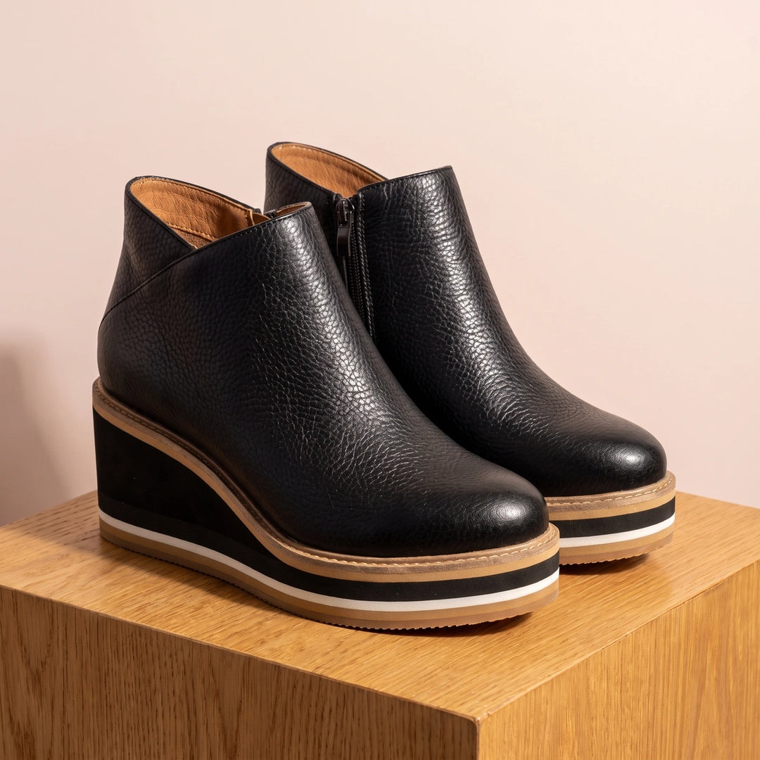 Mariette Pebbled Vegan Leather Wedge Ankle Boots - Black