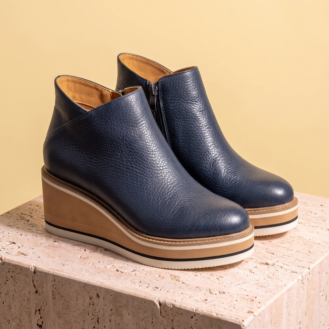 Mariette Pebbled Vegan Leather Wedge Ankle Boots - Blue
