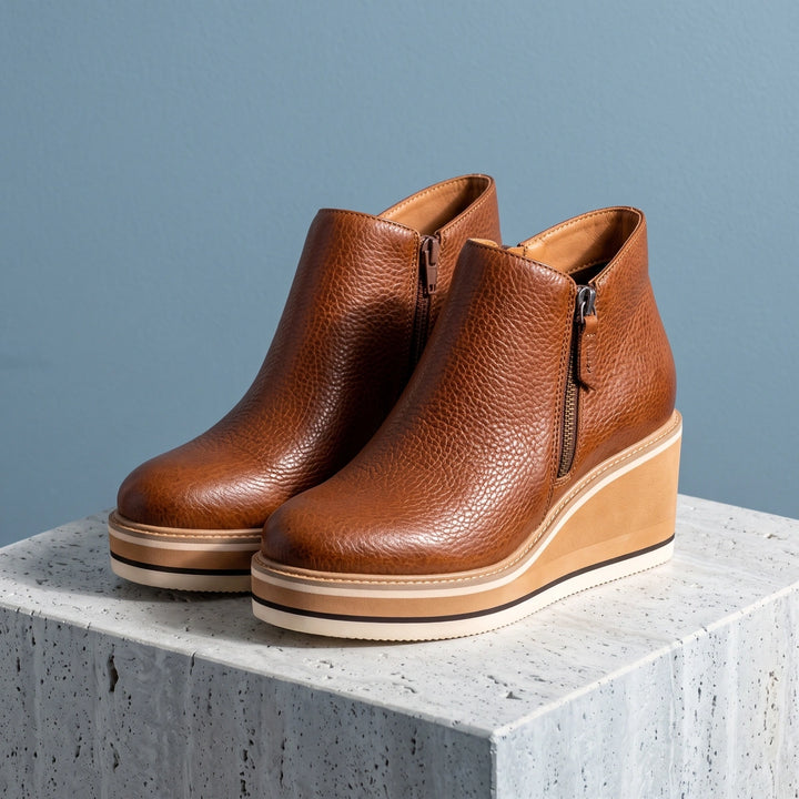 Mariette Pebbled Vegan Leather Wedge Ankle Boots - Brown