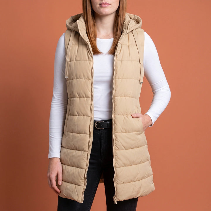 Marisa Longline Hooded Puffer Vest - Beige