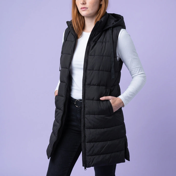 Marisa Longline Hooded Puffer Vest - Black