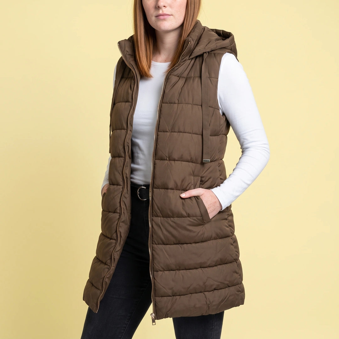 Marisa Longline Hooded Puffer Vest - Brown