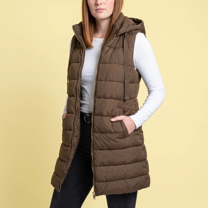 Marisa Longline Hooded Puffer Vest - Brown