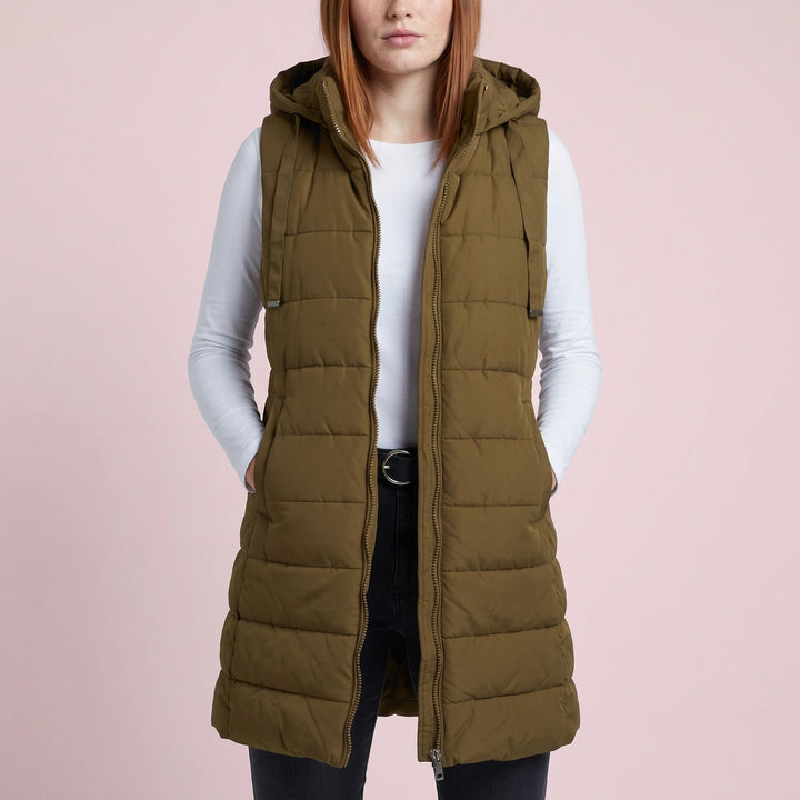 Marisa Longline Hooded Puffer Vest - Dark Camel