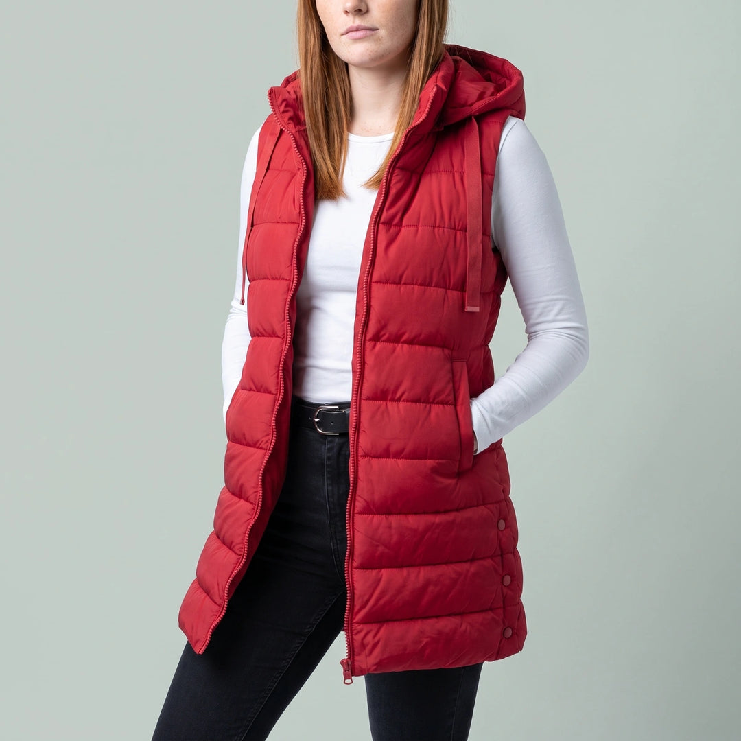 Marisa Longline Hooded Puffer Vest - Red