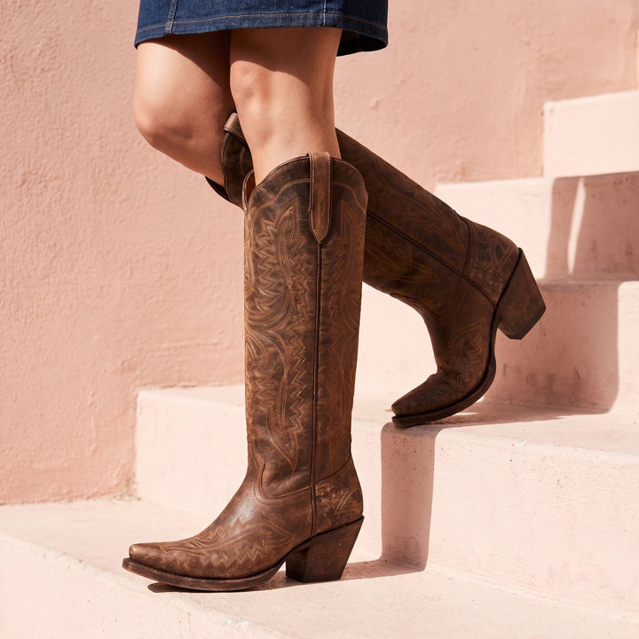 Marlena Embroidered Knee High Cowboy Boots - Chocolate Brown
