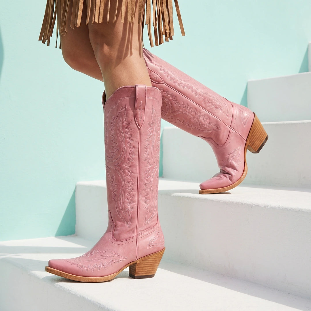 Marlena Embroidered Knee High Cowboy Boots - Pink