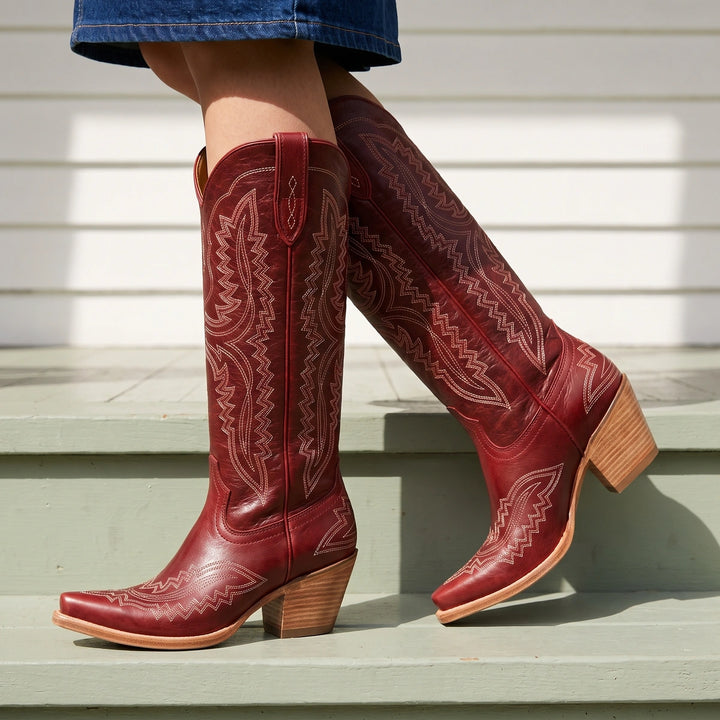 Marlena Embroidered Knee High Cowboy Boots - Red