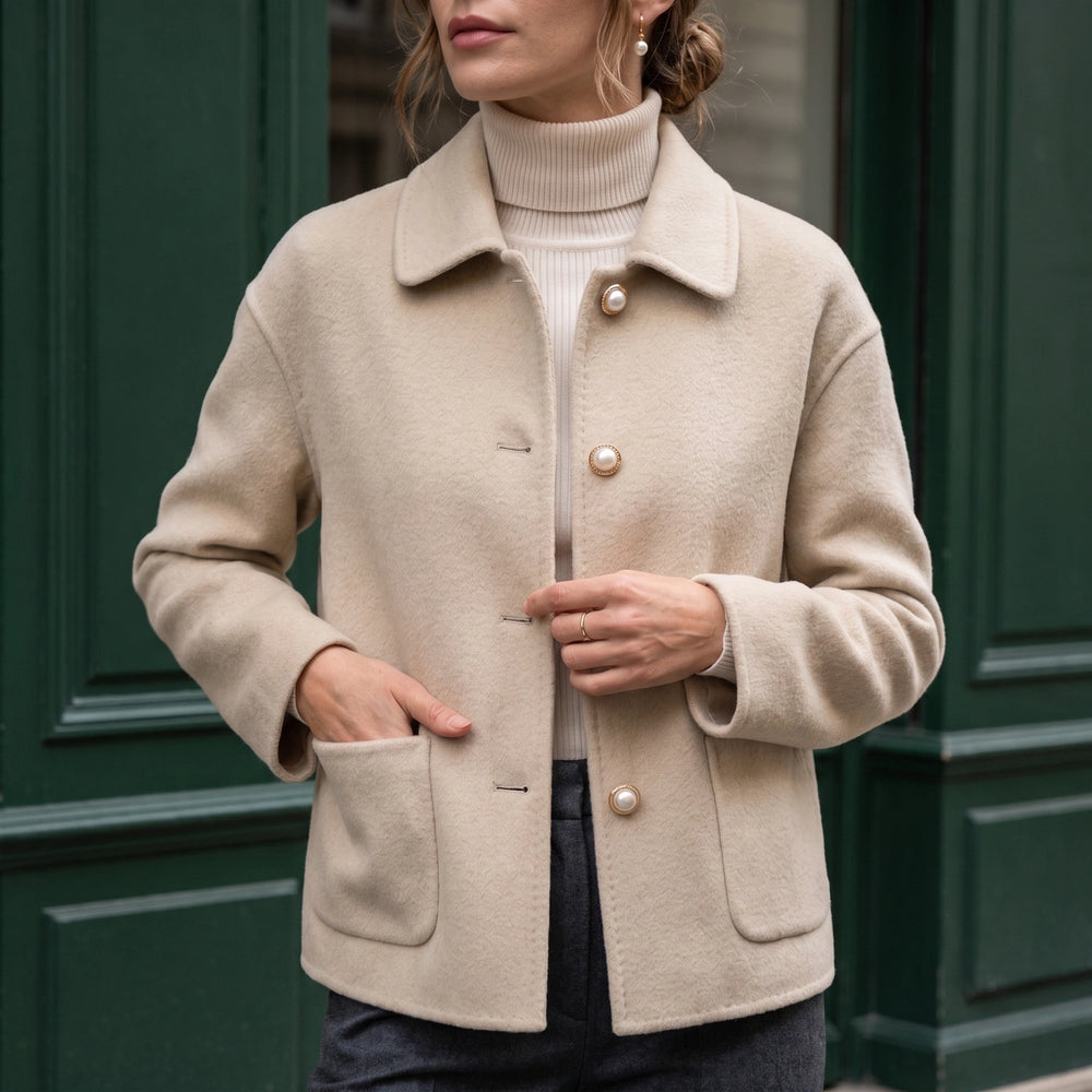 Melisande Cashmere Cropped Pearl Button Coat - Beige