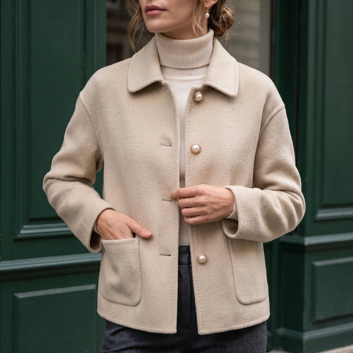 Melisande Cashmere Cropped Pearl Button Coat - Beige