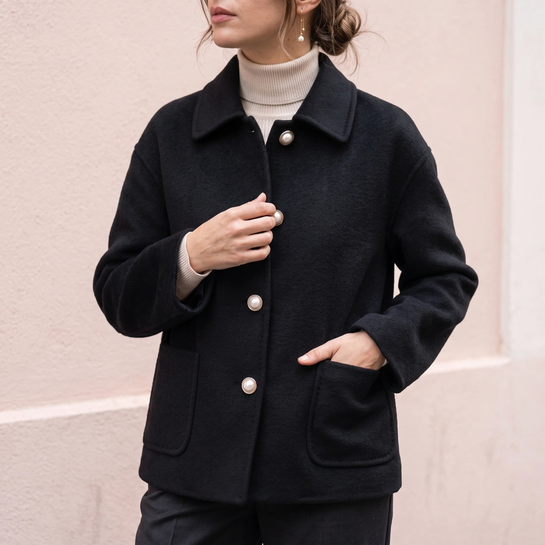 Melisande Cashmere Cropped Pearl Button Coat - Black