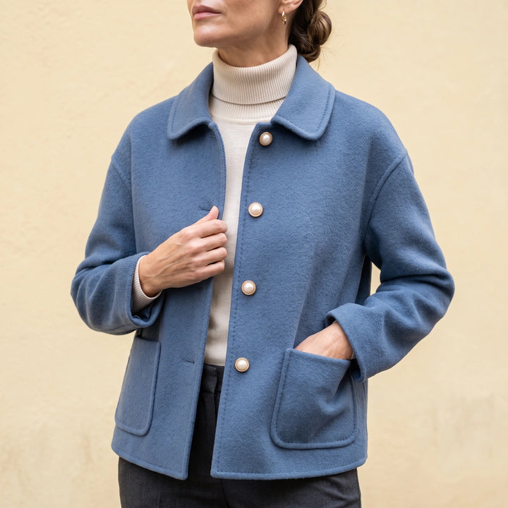 Melisande Cashmere Cropped Pearl Button Coat - Blue