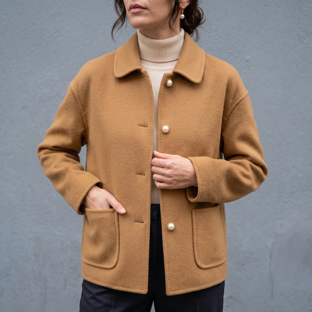 Melisande Cashmere Cropped Pearl Button Coat - Camel