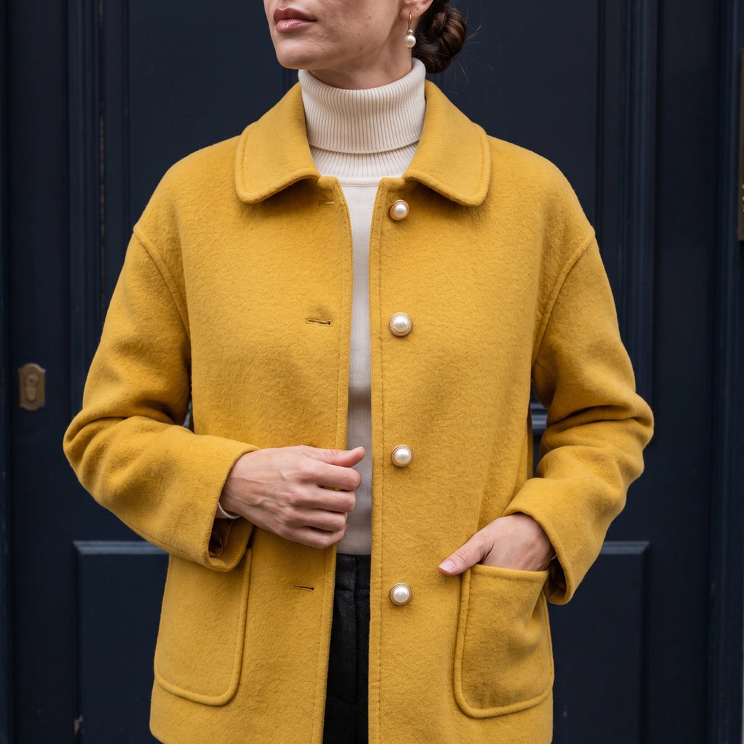 Melisande Cashmere Cropped Pearl Button Coat - Yellow