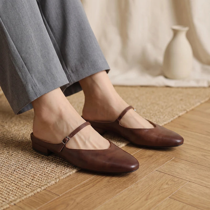 Winnie Women's Leather Round Toe Mules - Brown