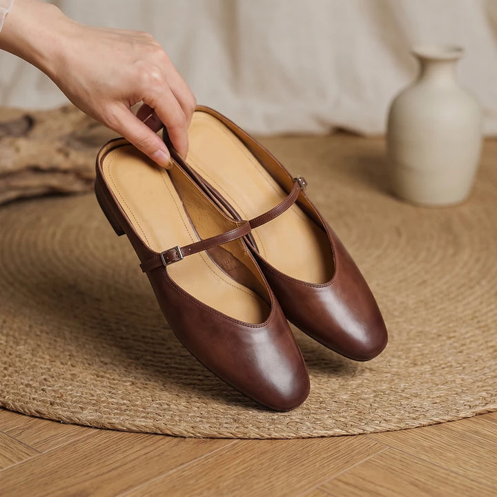 Winnie Women's Leather Round Toe Mules - Brown
