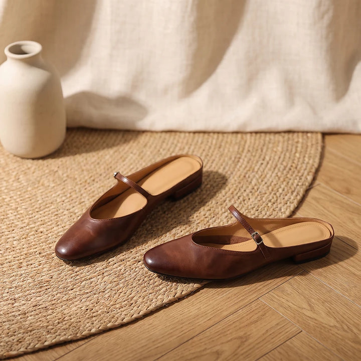 Winnie Women's Leather Round Toe Mules - Brown