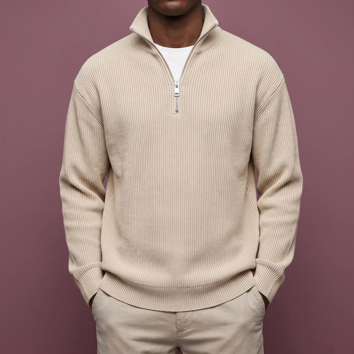 Micah Ribbed Knit Quarter Zip Sweater - Khaki
