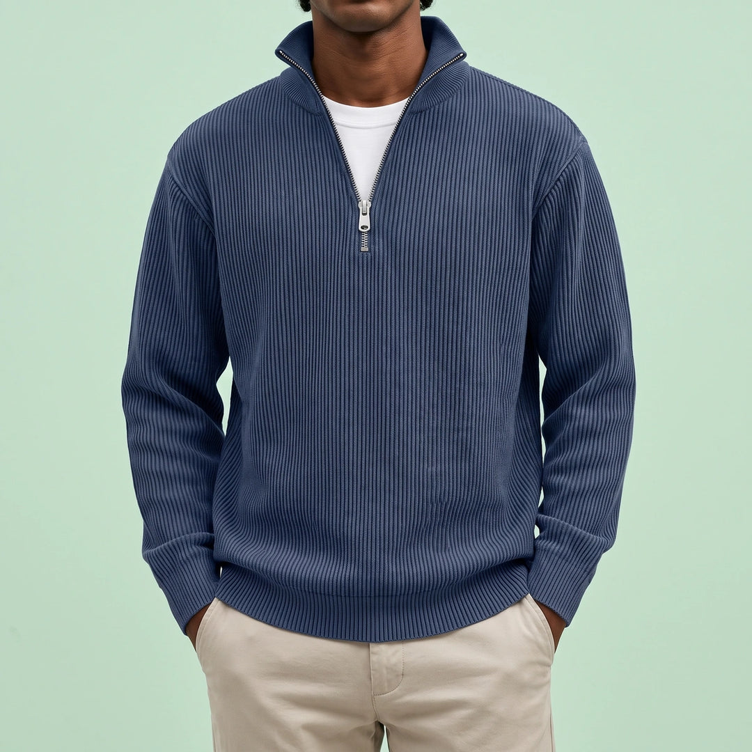 Micah Ribbed Knit Quarter Zip Sweater - Navy Blue