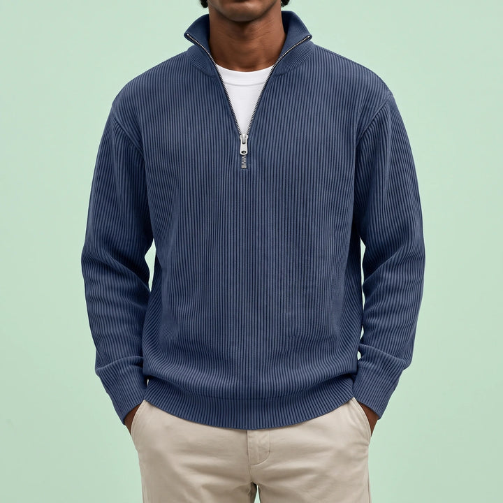 Micah Ribbed Knit Quarter Zip Sweater - Navy Blue
