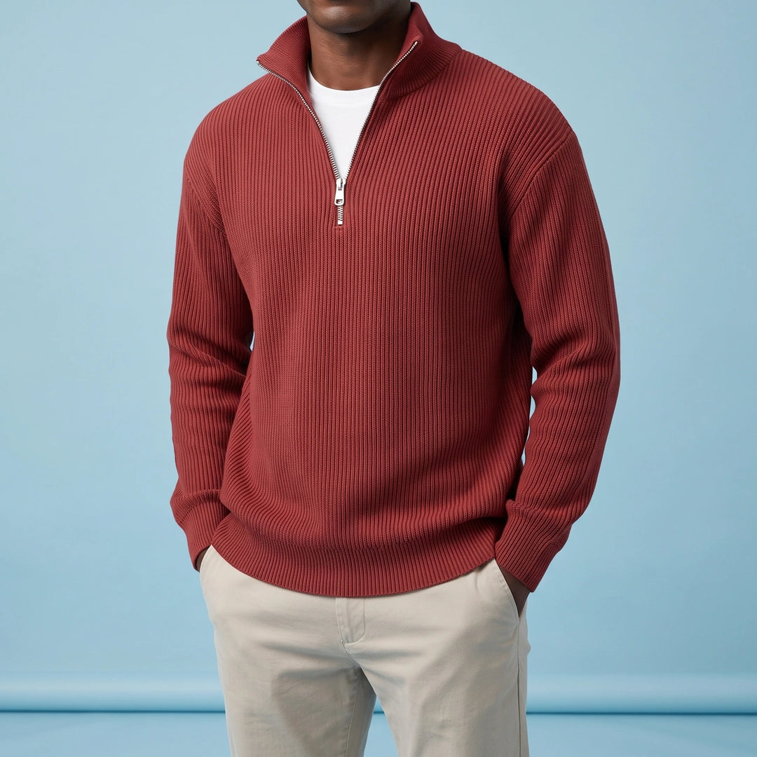 Micah Ribbed Knit Quarter Zip Sweater - Red