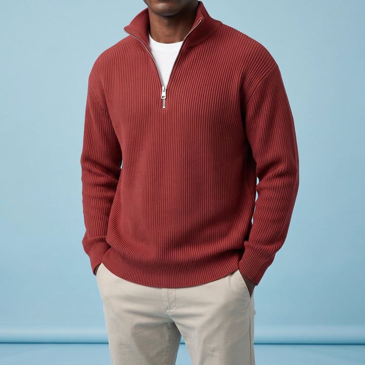 Micah Ribbed Knit Quarter Zip Sweater - Red
