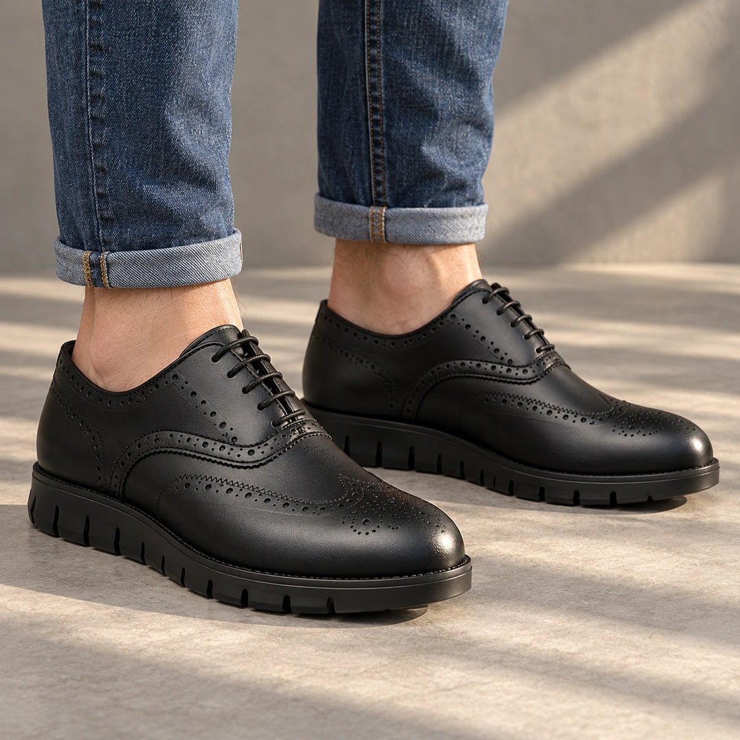 Miles Wingtip Brogue Flex Sole Oxford Shoes - Black