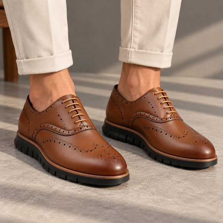 Miles Wingtip Brogue Flex Sole Oxford Shoes - Brown Black Sole