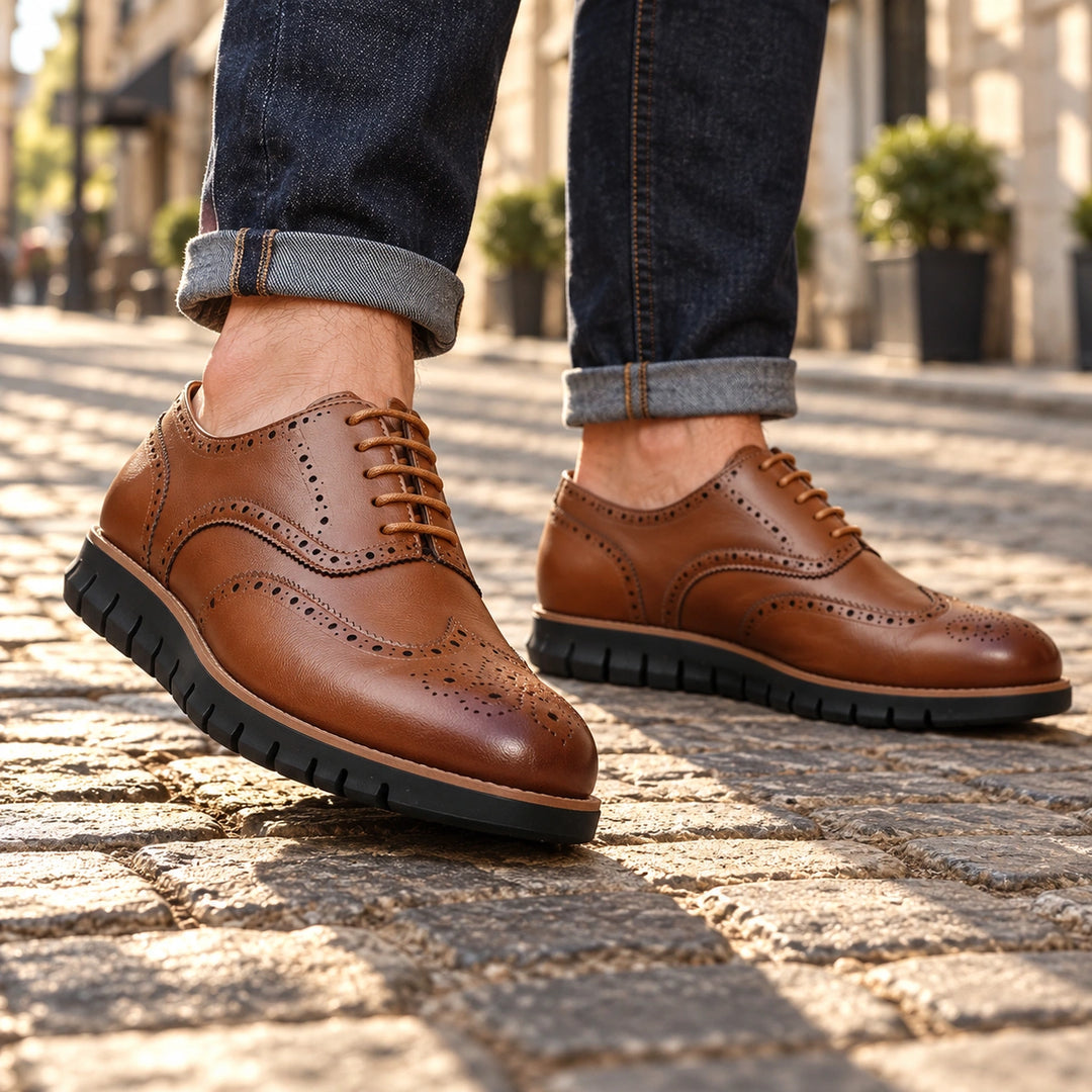 Miles Wingtip Brogue Flex Sole Oxford Shoes - Brown Black Sole