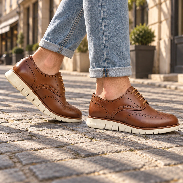 Miles Wingtip Brogue Flex Sole Oxford Shoes - Brown White Sole