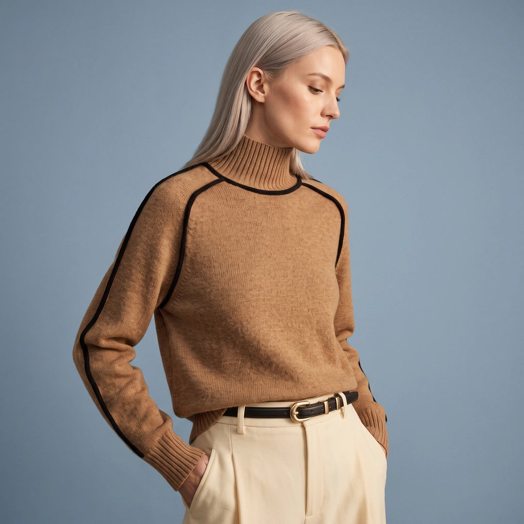 Mireille Contrast Piped Turtleneck Sweater - Brown