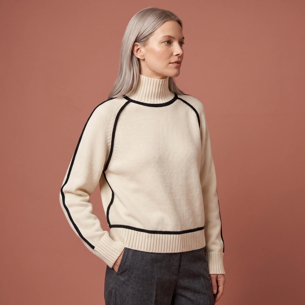 Mireille Contrast Piped Turtleneck Sweater - Cream