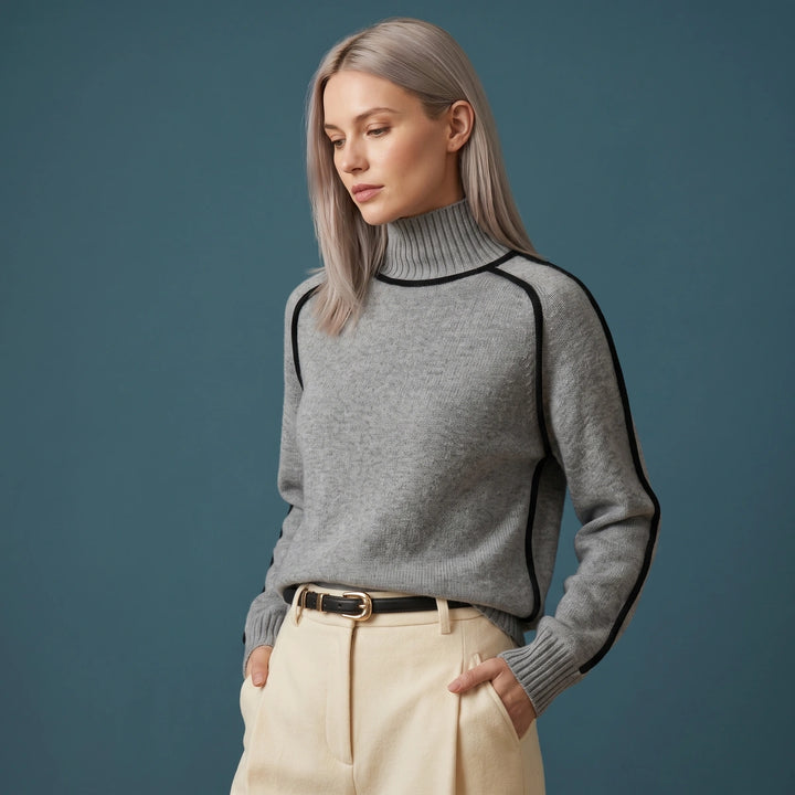 Mireille Contrast Piped Turtleneck Sweater - Gray