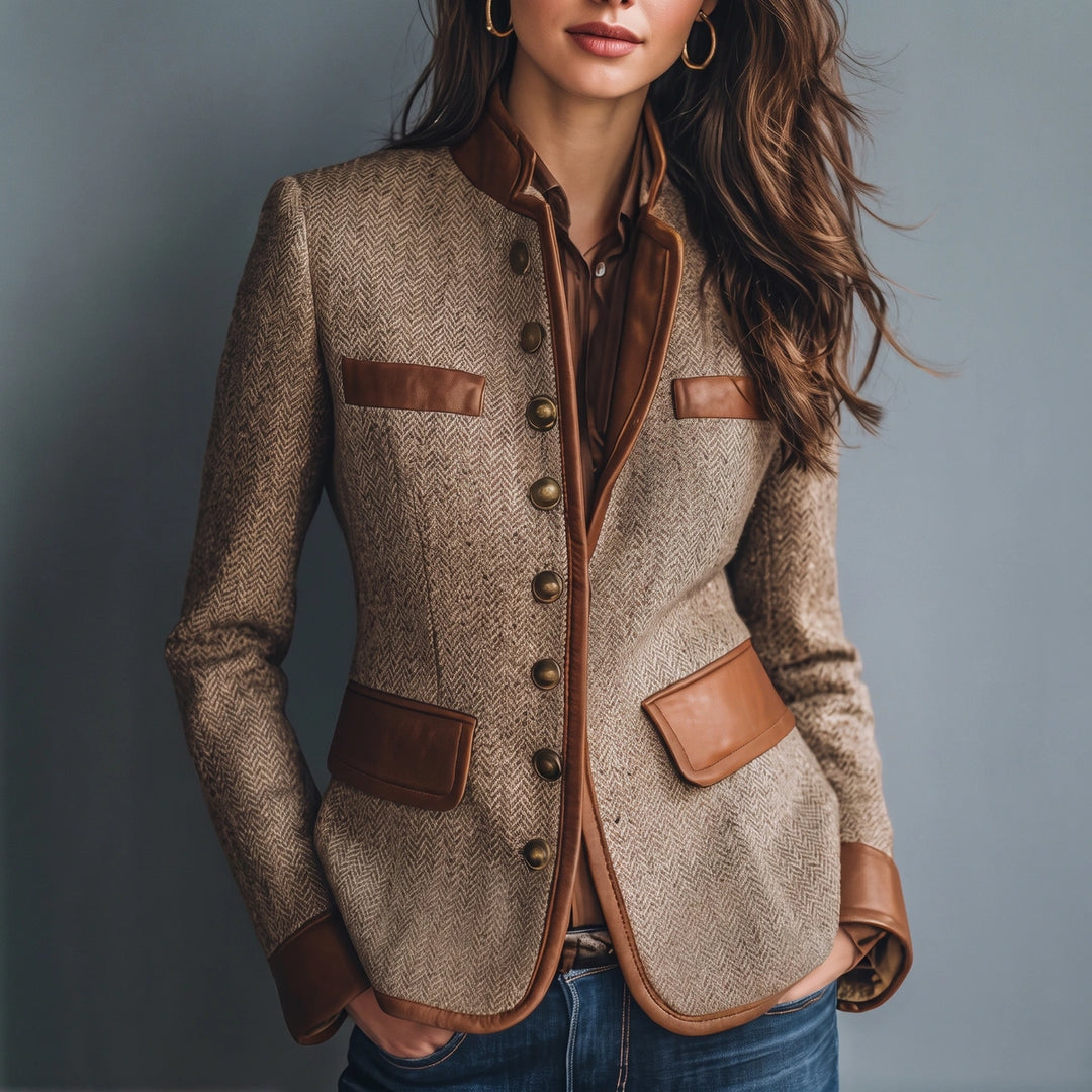 Nerine Tweed Leather Trim Jacket - Brown