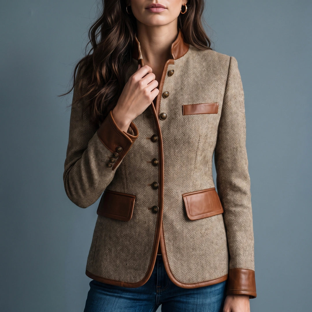 Nerine Tweed Leather Trim Jacket - Brown